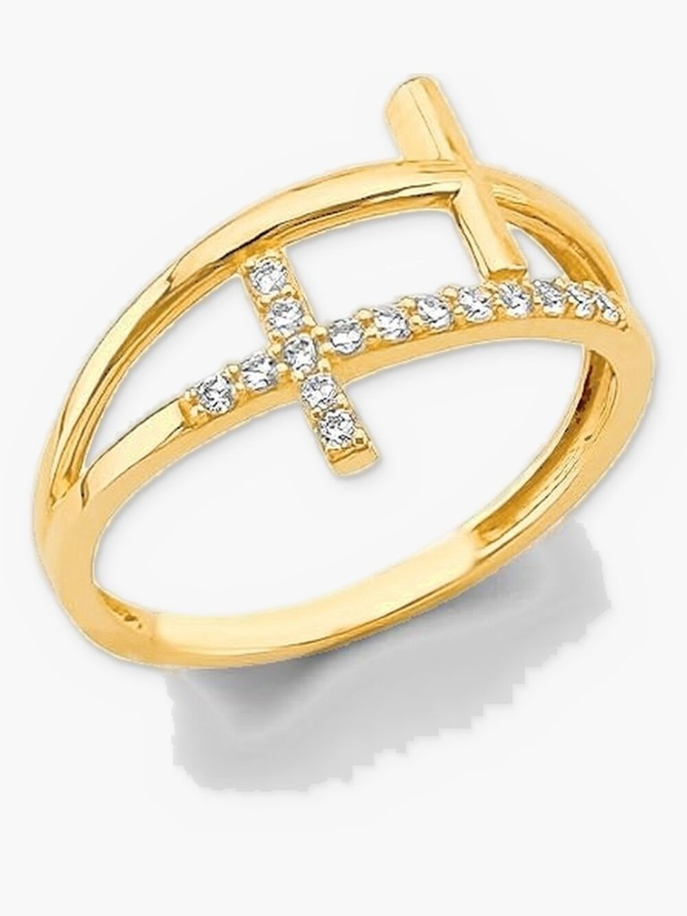 14K Solid Gold CZ Sideways Cross Ring Double Band Cross Ring Faith Ring
